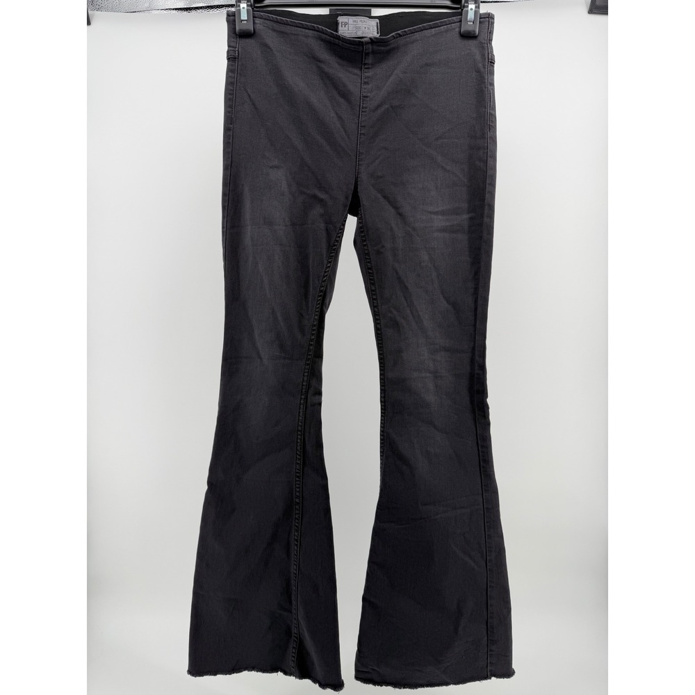 Free People Black Flare Jeans Women 28 Mid Rise Raw Hem Boho Bell Bottom Stretch